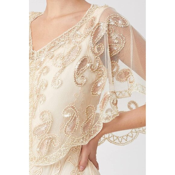 🆕 Women Cream Sequin Beaded Evening Cape Bridal Shawl Bolero Flapper Cover Up - Picture 3 of 6